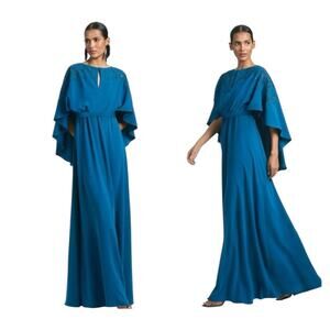 Sachin & Babi Size 2 NWT Moroccan Blue Crepe Embroidered Wren Cape Maxi Gown